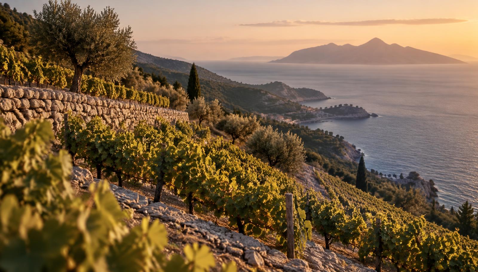Terraced vineyards on the Pelješac Peninsula at golden hour