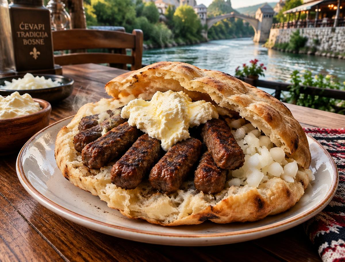 Bosnian ćevapčići in somun bread with onions and kajmak