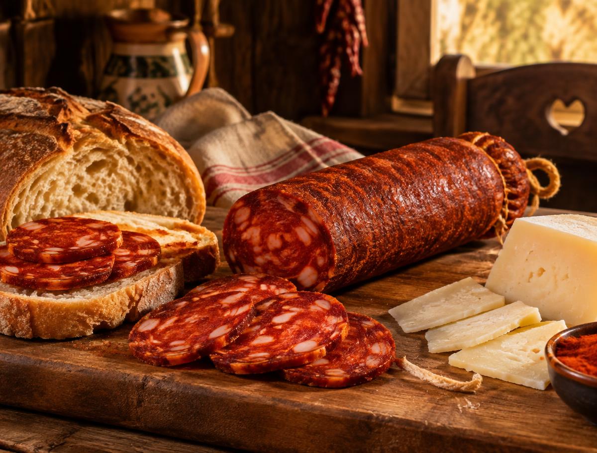 Slavonian kulen, whole and sliced, with homemade bread and cheese