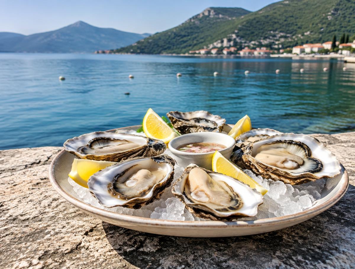 Fresh Mali Ston oysters on ice with lemon, served by the sea