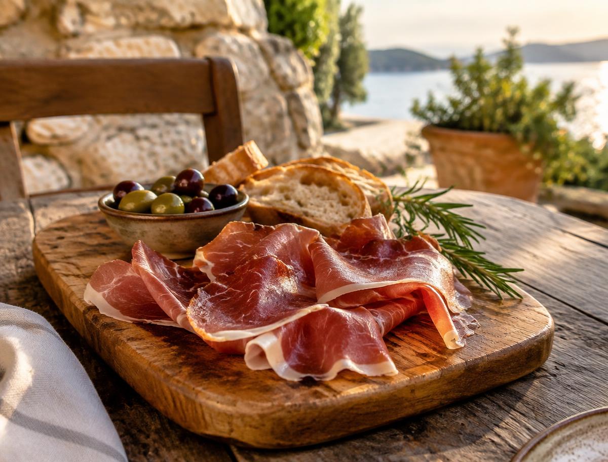 Slices of Dalmatian pršut with olives, bread and rosemary on a wooden board