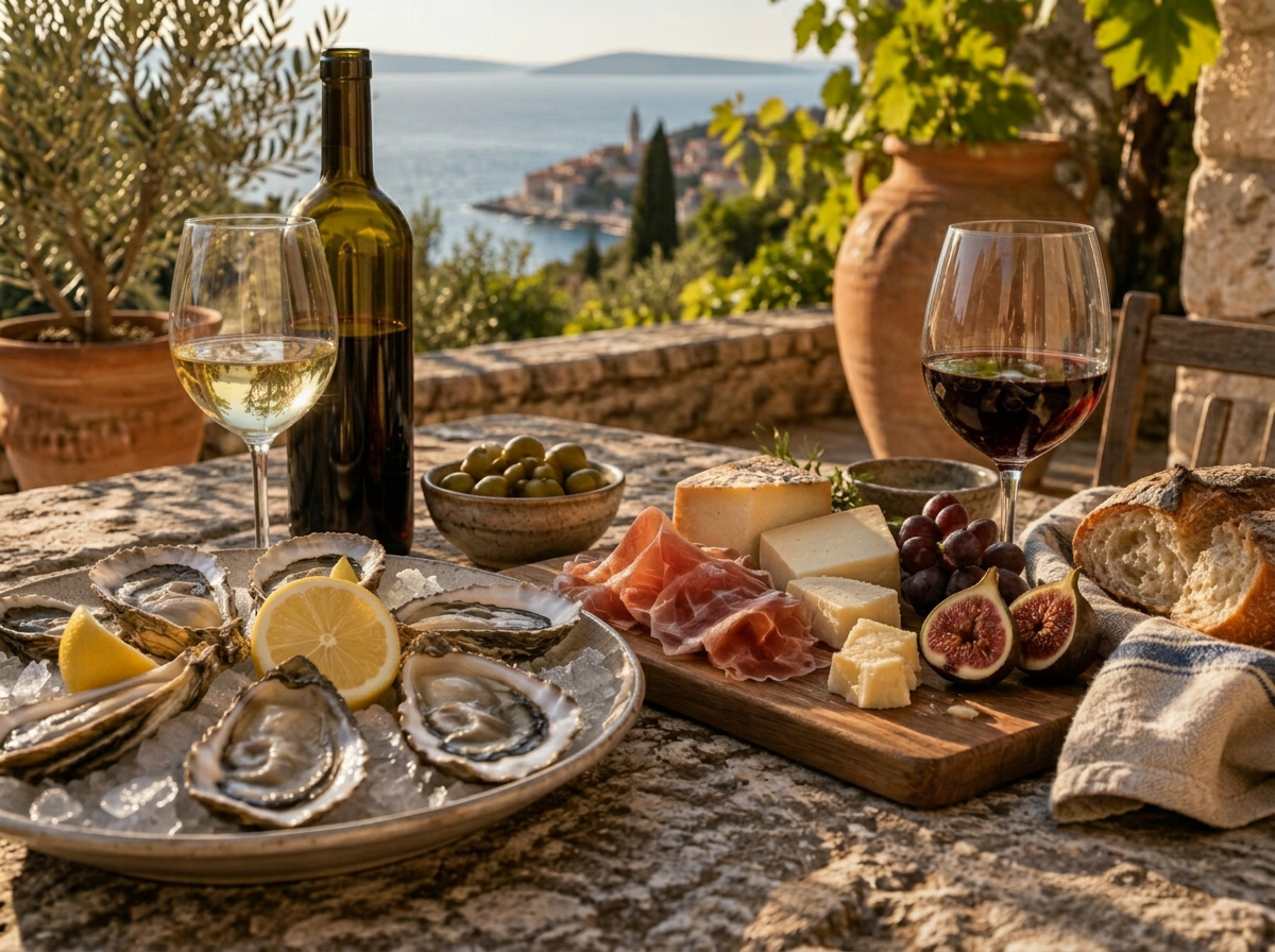 A stone table set with a glass of white wine beside Mali Ston oysters and a glass of red wine beside Dalmatian cheese and fruit